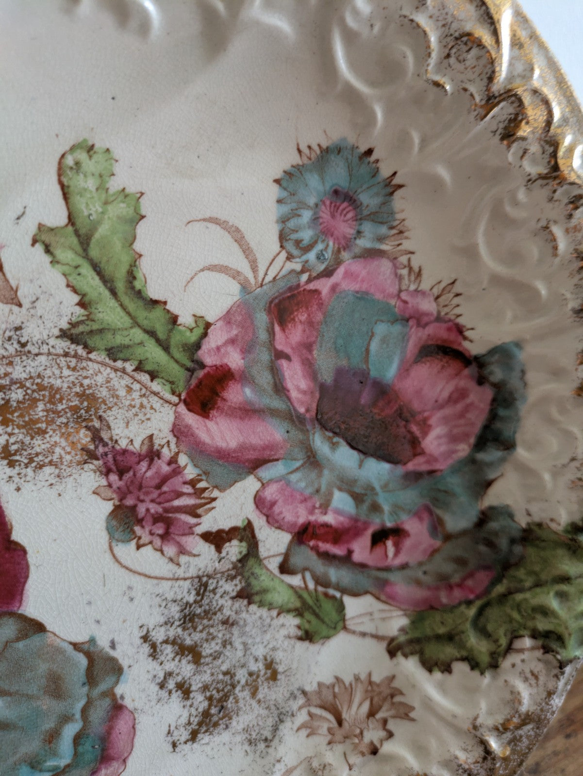 Antique Victorian earthenware serving collector plate Gilt Floral Rose Pink Blue