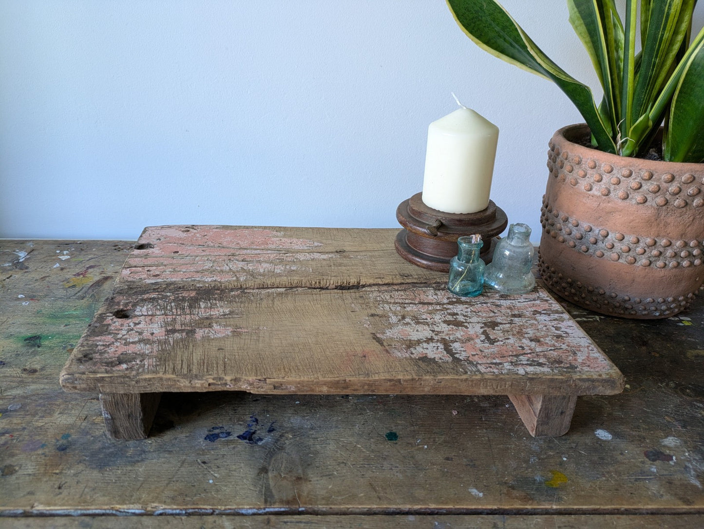 Antique Wooden Bajot Floor Sitting Stool Pink Old Hand Crafted Serving Board Vtg