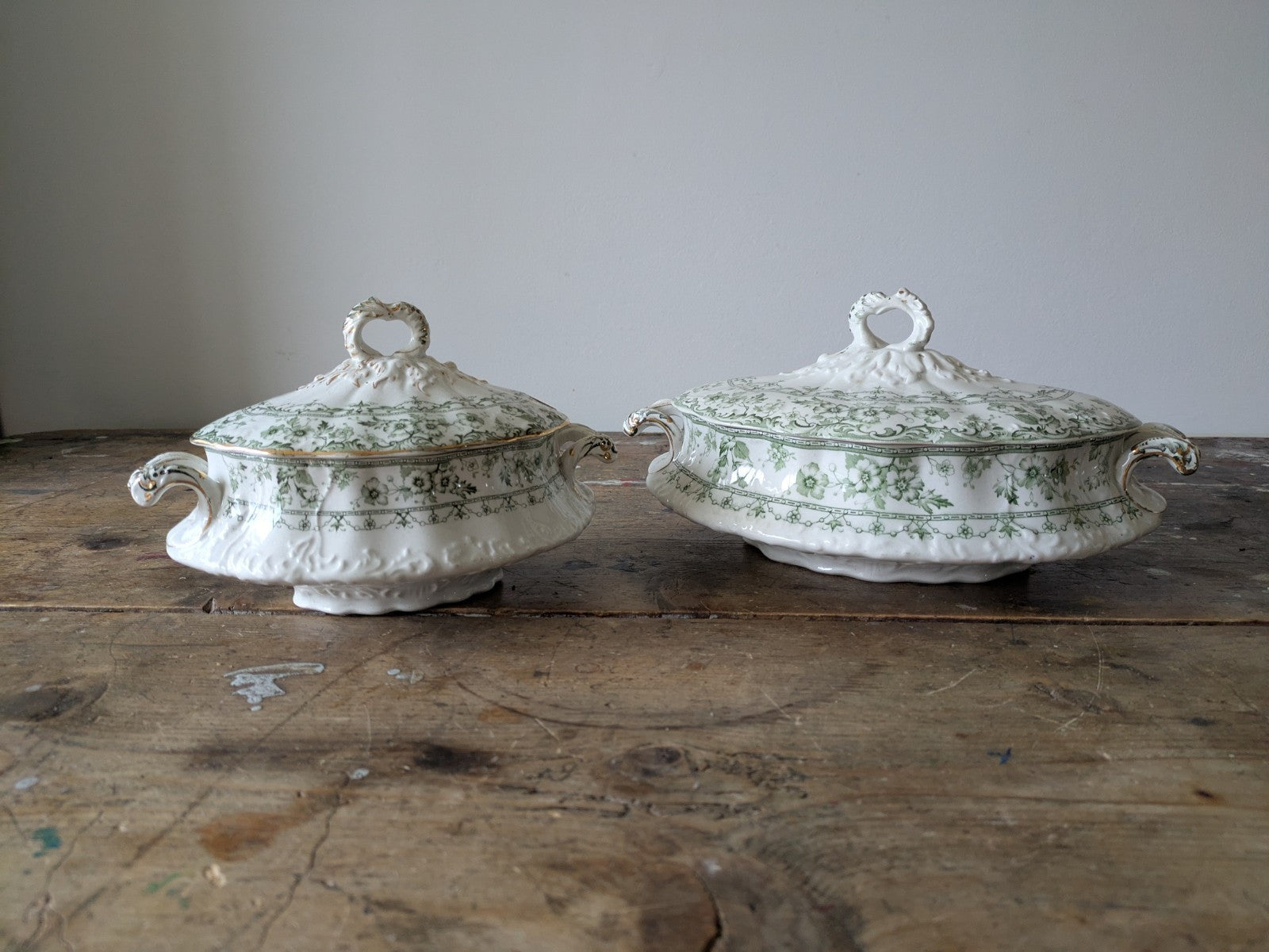 2x Rare Antique S.Hancock & Sons, Warwick Tureen, Lid, Green Floral Serving Prop