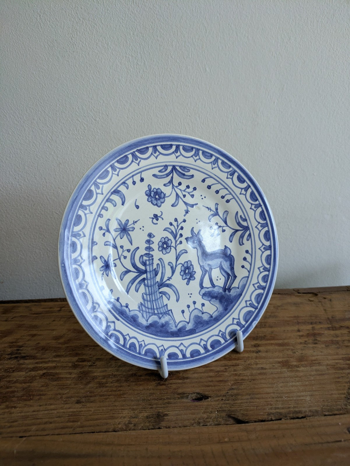 Vintage hand painted Blue and White deer birds Plate Portugal Delft Style Flabal