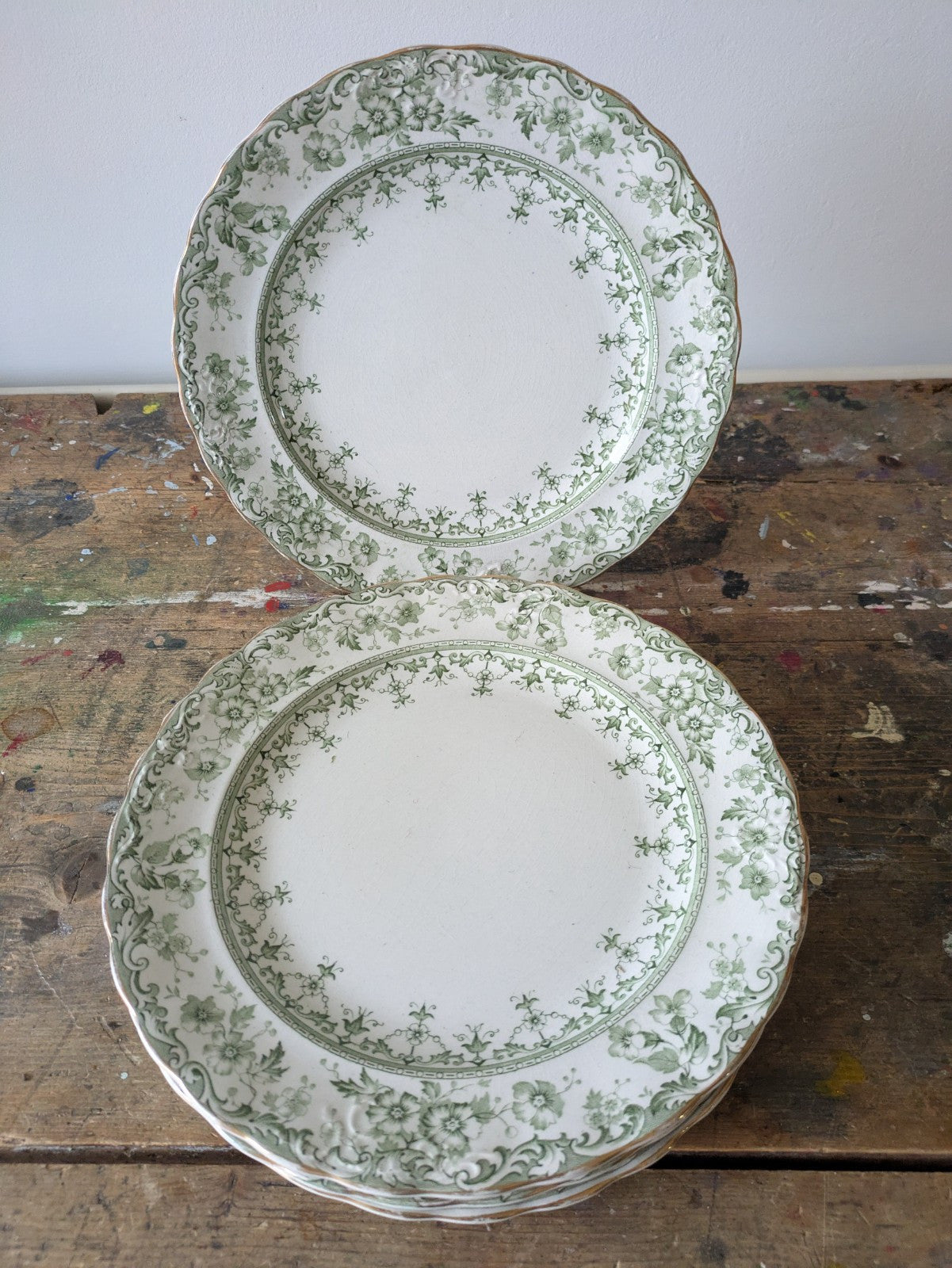 6 Rare Antique S.Hancock & Sons Warwick Dessert Plates Green Floral Serving Prop