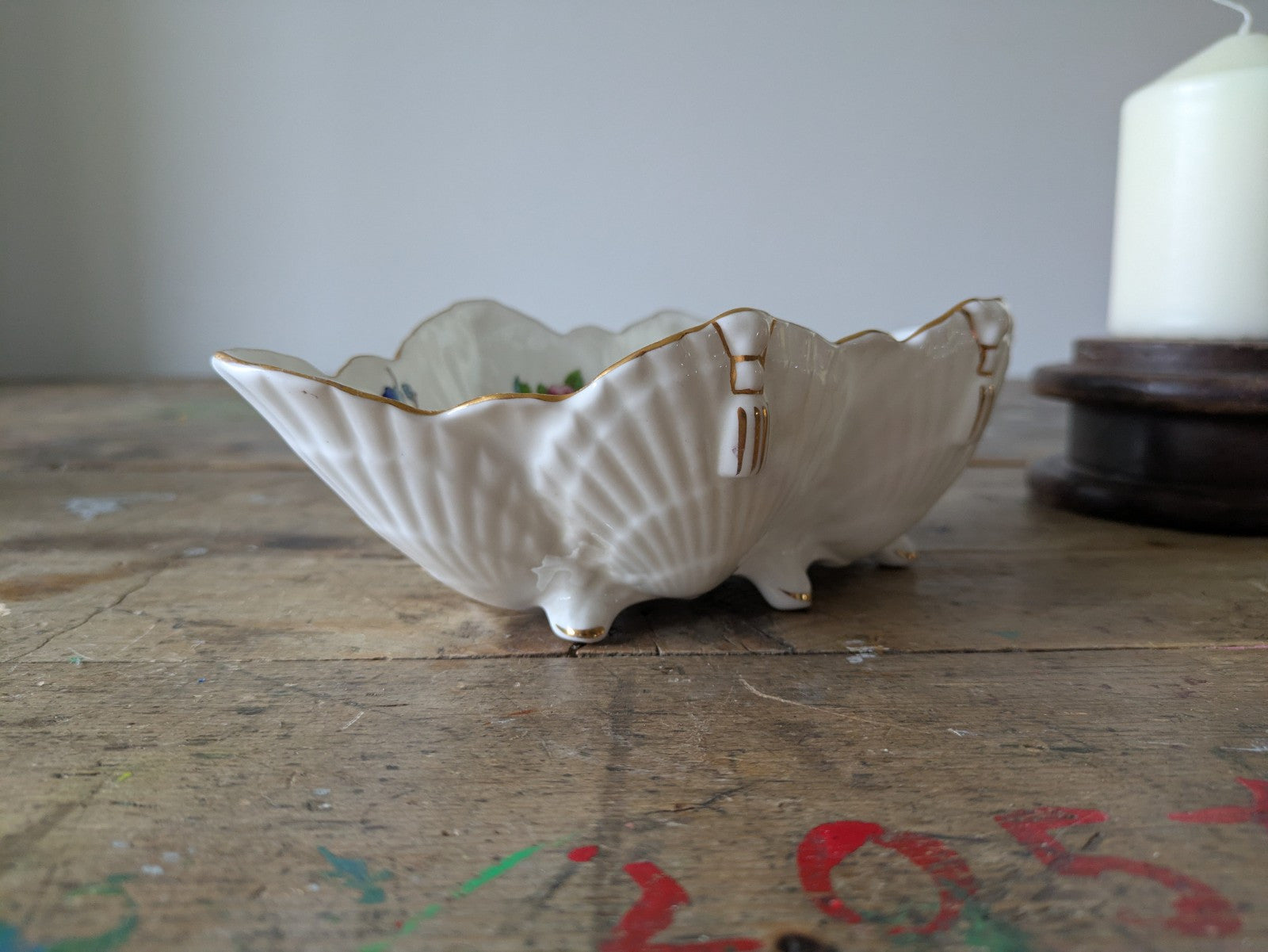 Vintage Aynsley Pembroke Footed Scallop Shell Dish Gold Rimmed Bird Floral Oval