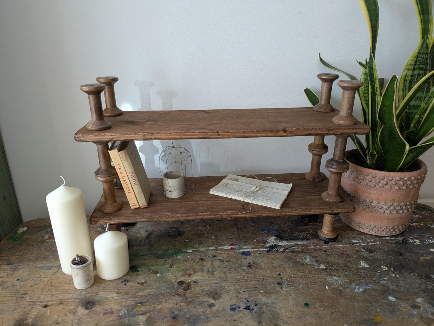 Antique Indian Reclaimed Vintage Folk Art Bobbin Spool Shelf Shelves Handmade
