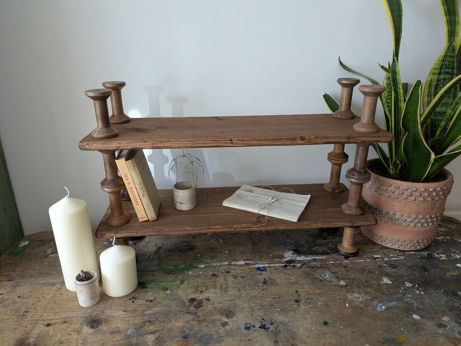Antique Indian Reclaimed Vintage Folk Art Bobbin Spool Shelf Shelves Handmade