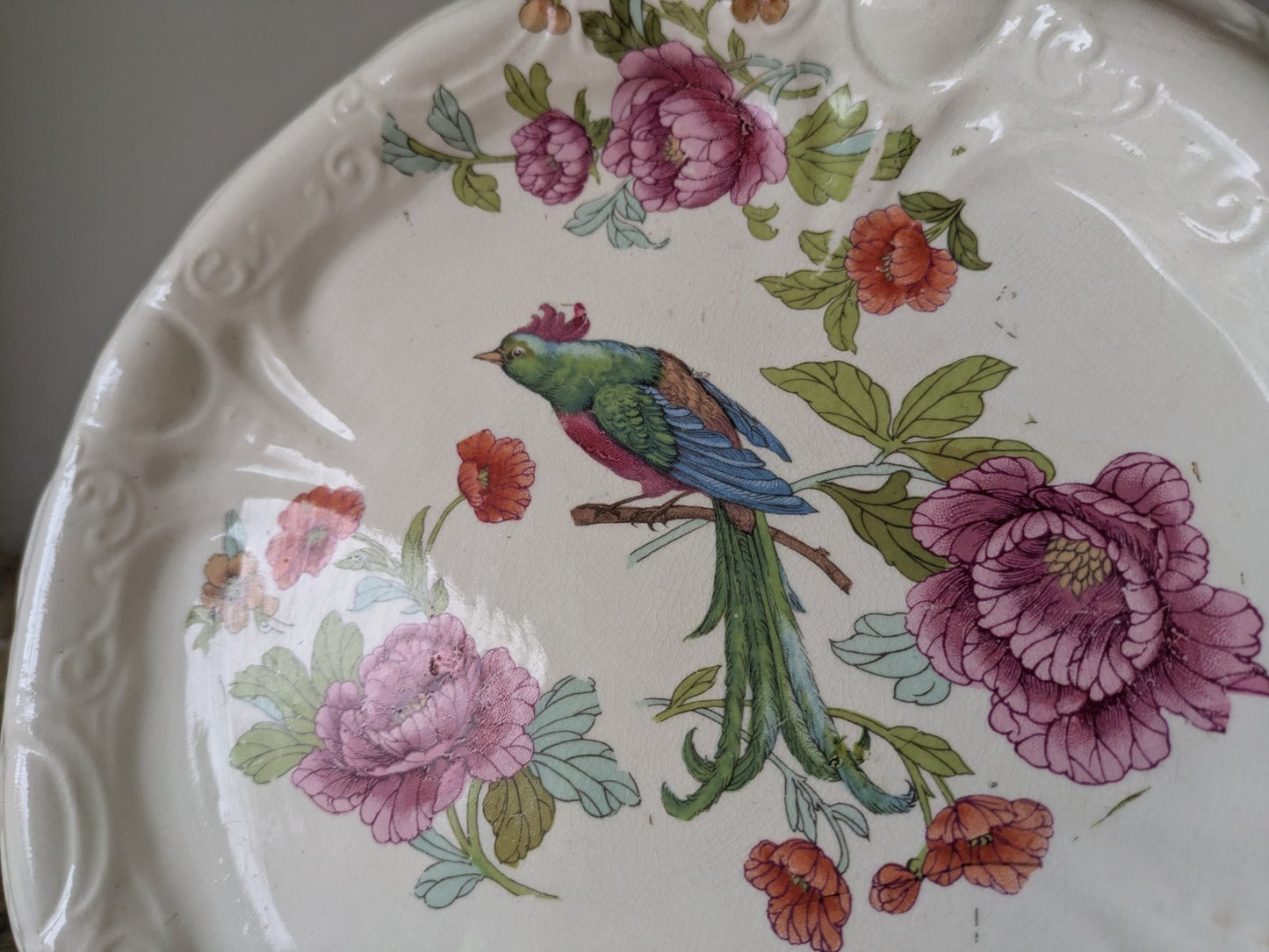 Antique Victorian Ironstone Bread Platter Bird Of Paradise Floral Cake Plate Old
