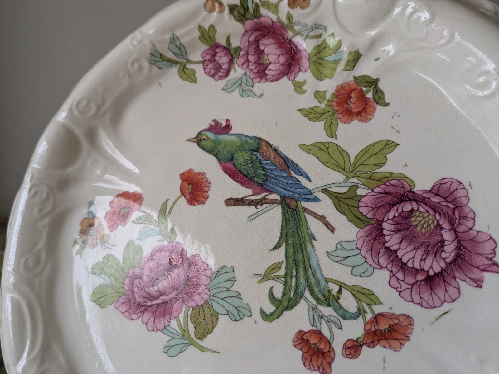 Antique Victorian Ironstone Bread Platter Bird Of Paradise Floral Cake Plate Old
