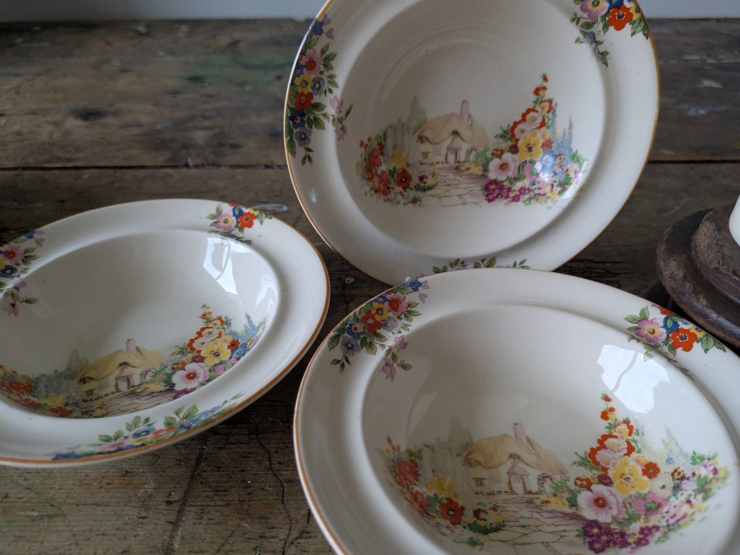 3 small dessert bowls Hampton Ivory cottage & flower design 1930s vintage Deco 