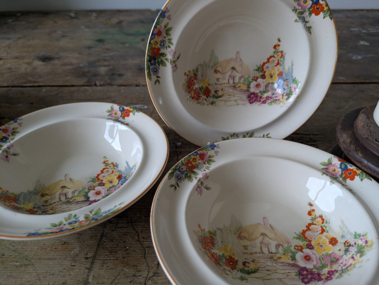 3 small dessert bowls Hampton Ivory cottage & flower design 1930s vintage Deco 