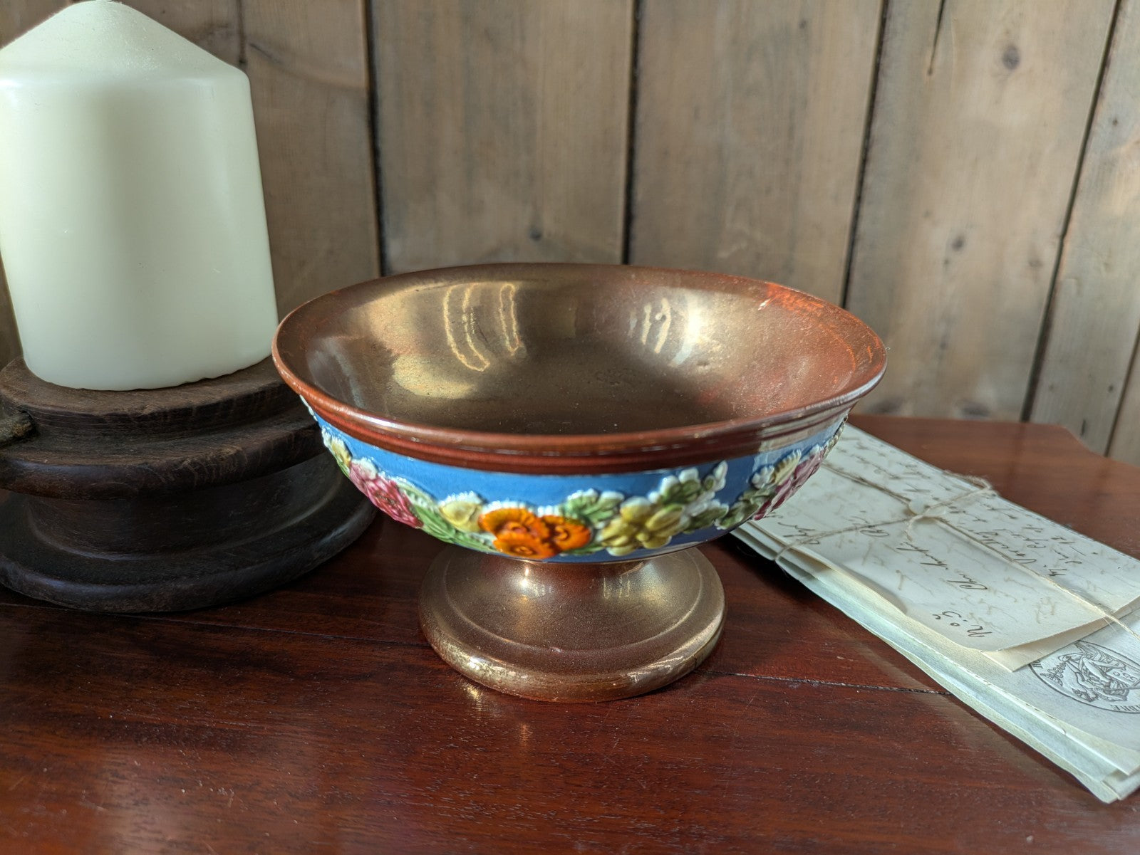 Antique 19th century Copper Luster Pedestal Bowl Dish Painted Flowers Art Deco