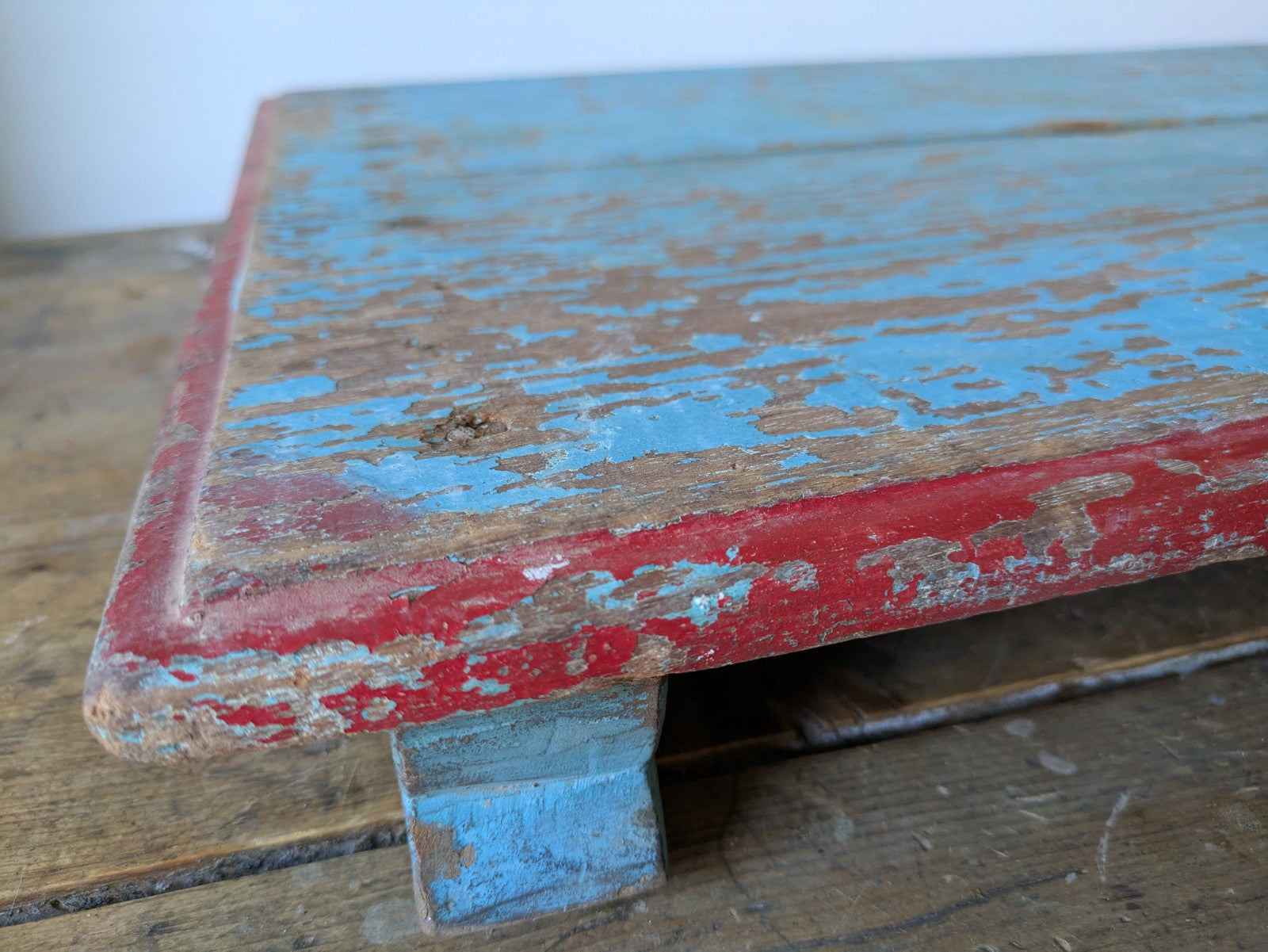 Antique Wooden Bajot Floor Sitting Stool Blue Old Hand Crafted Serving Board Vtg