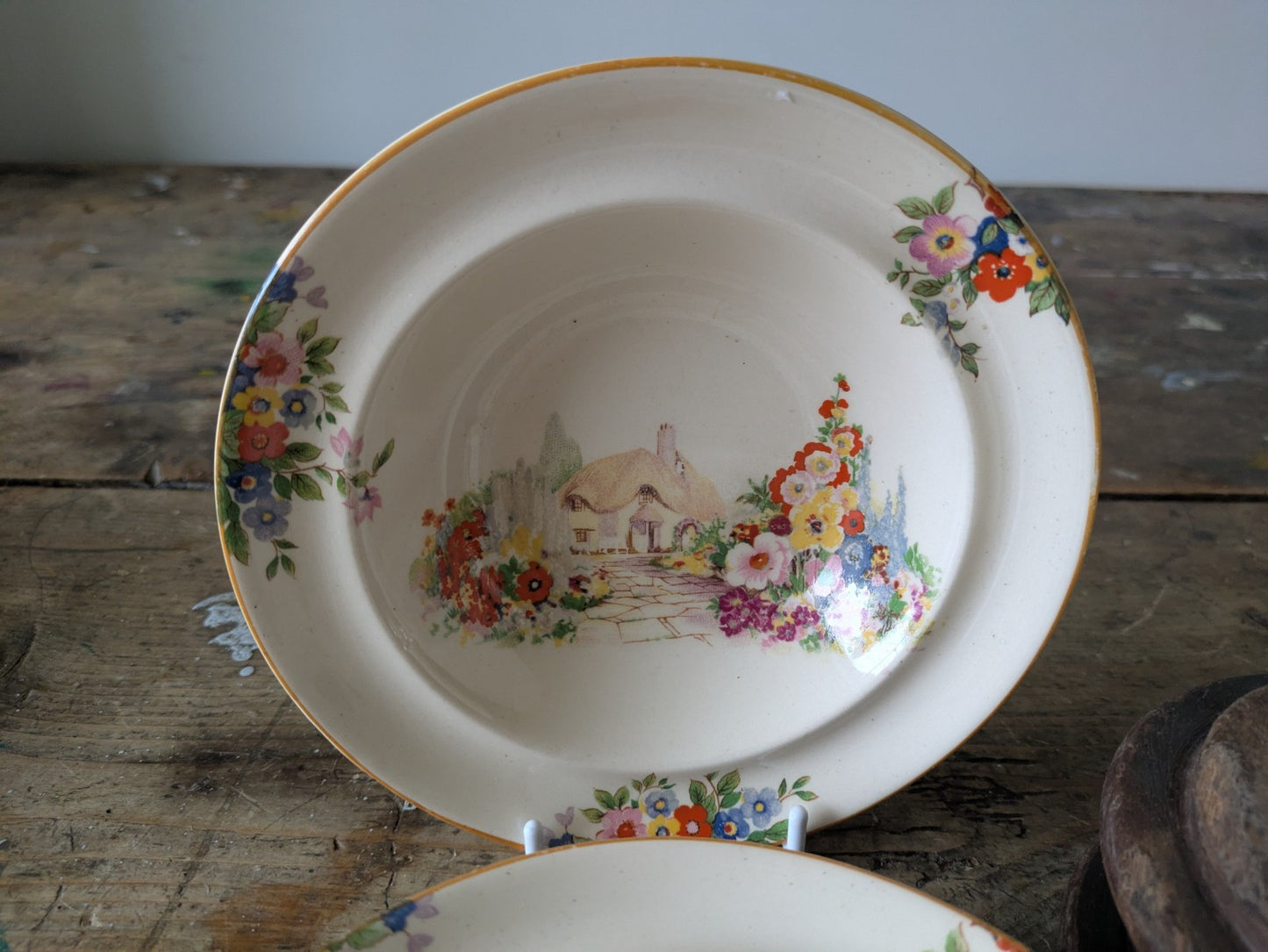 3 small dessert bowls Hampton Ivory cottage & flower design 1930s vintage Deco 
