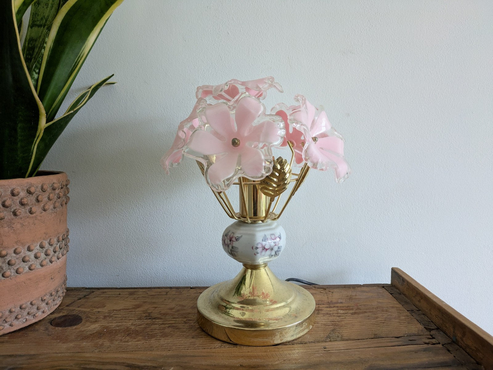 VTG Retro Sputnik Pink Six Flower Head Touch Me Light Bedside Lamp Brass Effect