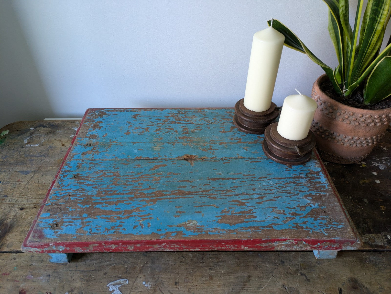 Antique Wooden Bajot Floor Sitting Stool Blue Old Hand Crafted Serving Board Vtg