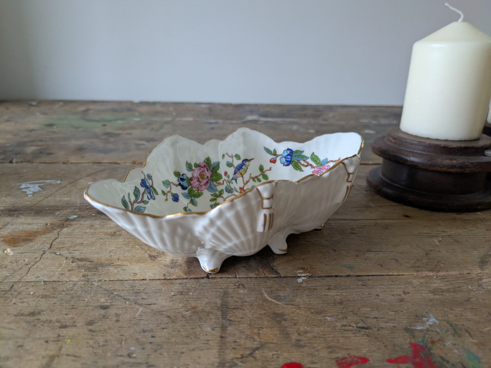 Vintage Aynsley Pembroke Footed Scallop Shell Dish Gold Rimmed Bird Floral Oval