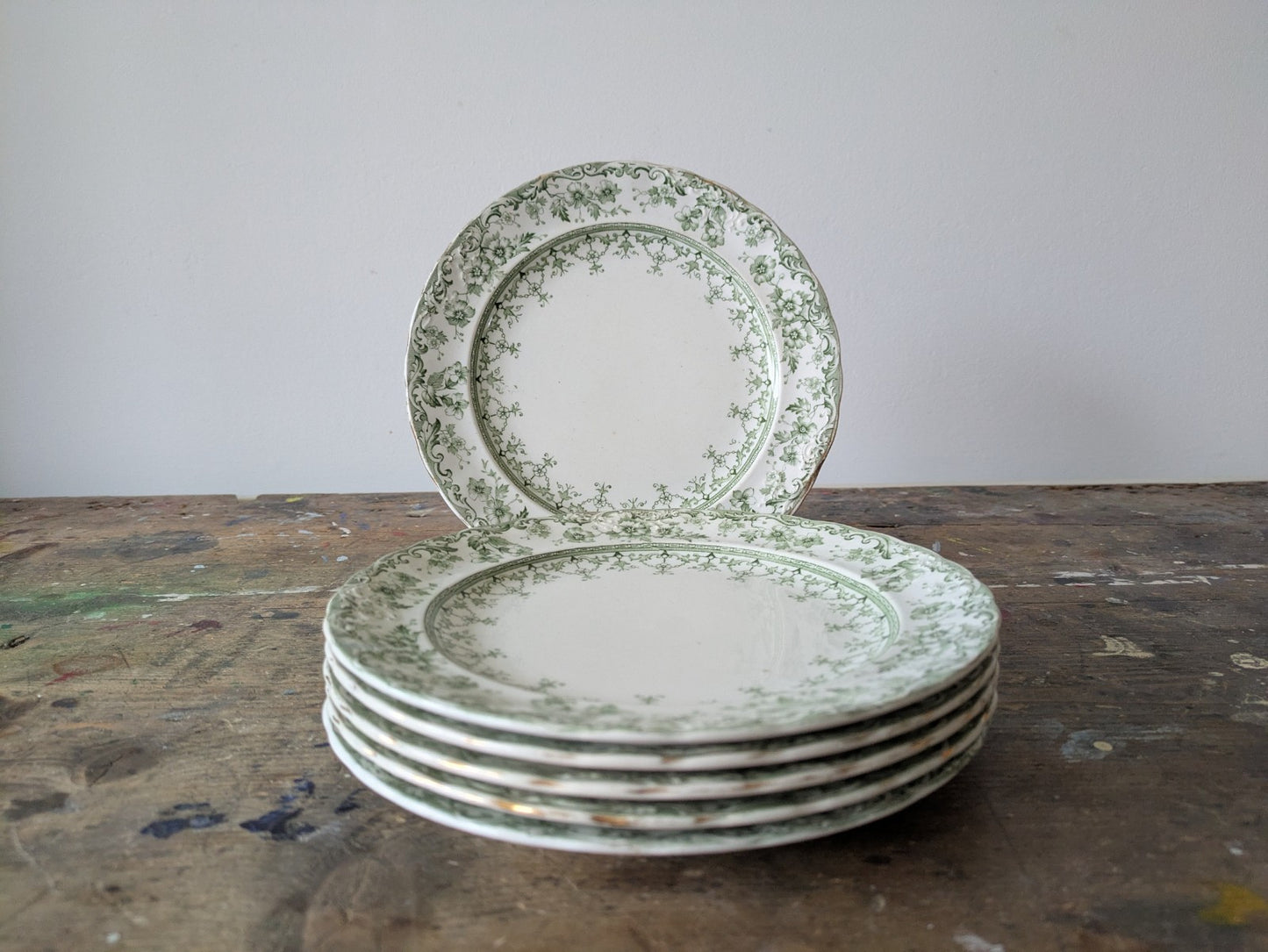 6 Rare Antique S.Hancock & Sons Warwick Side Plates Green Floral Serving Prop