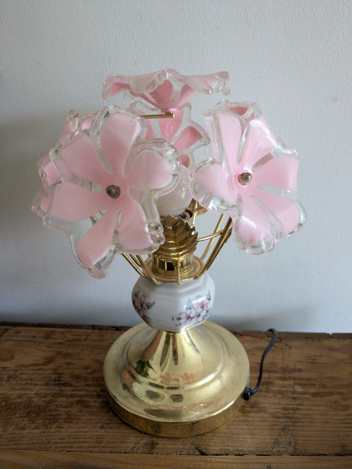 VTG Retro Sputnik Pink Six Flower Head Touch Me Light Bedside Lamp Brass Effect