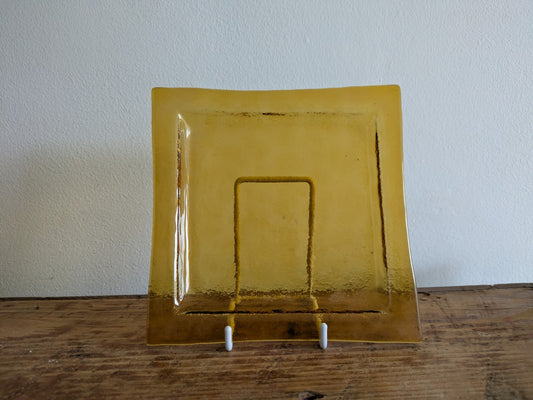 Vintage Art Glass Fused Glass Square Dish Plate Deco Tinted Yellow Decor Amber