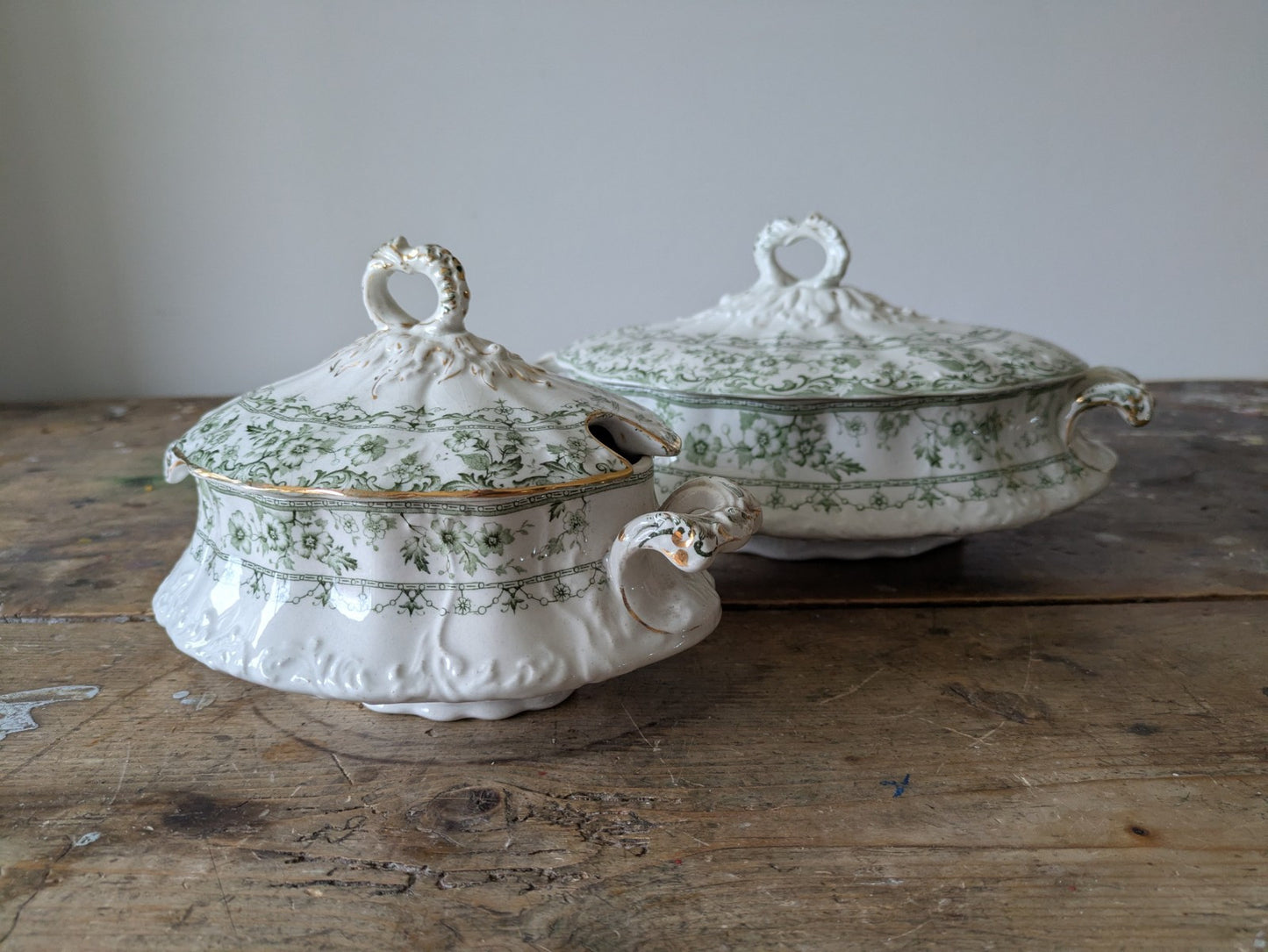 2x Rare Antique S.Hancock & Sons, Warwick Tureen, Lid, Green Floral Serving Prop