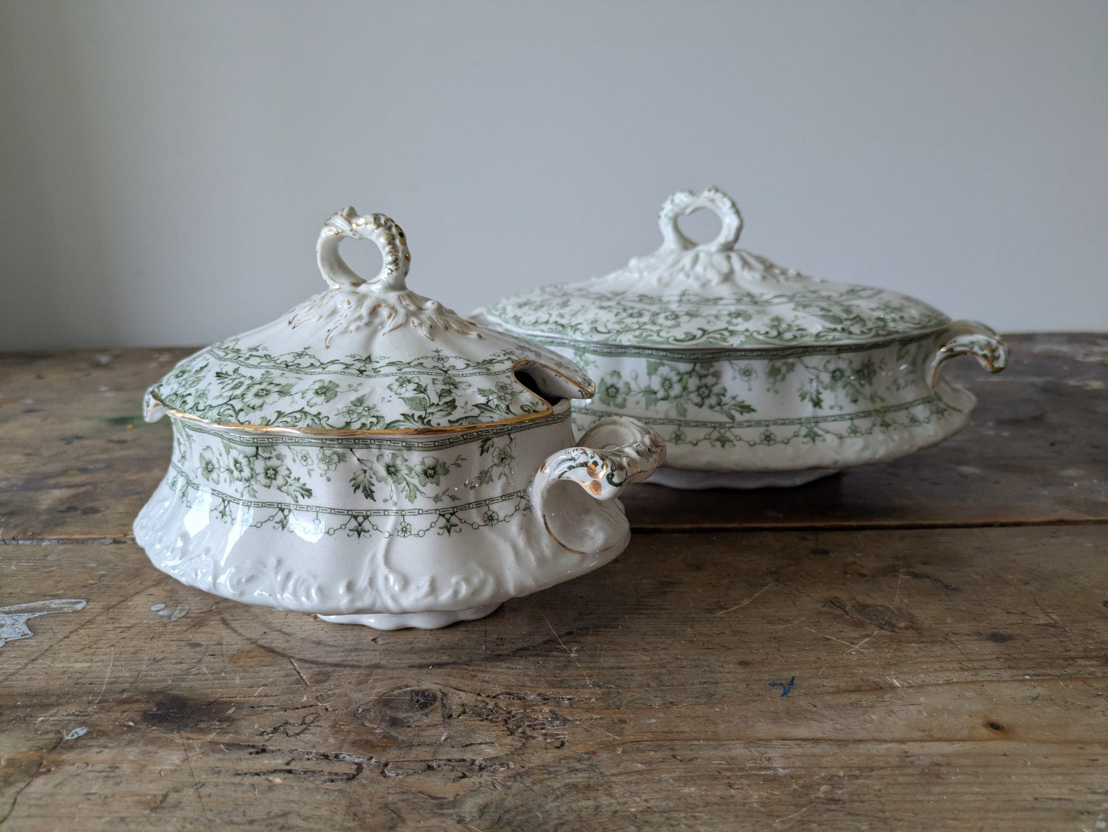 2x Rare Antique S.Hancock & Sons, Warwick Tureen, Lid, Green Floral Serving Prop