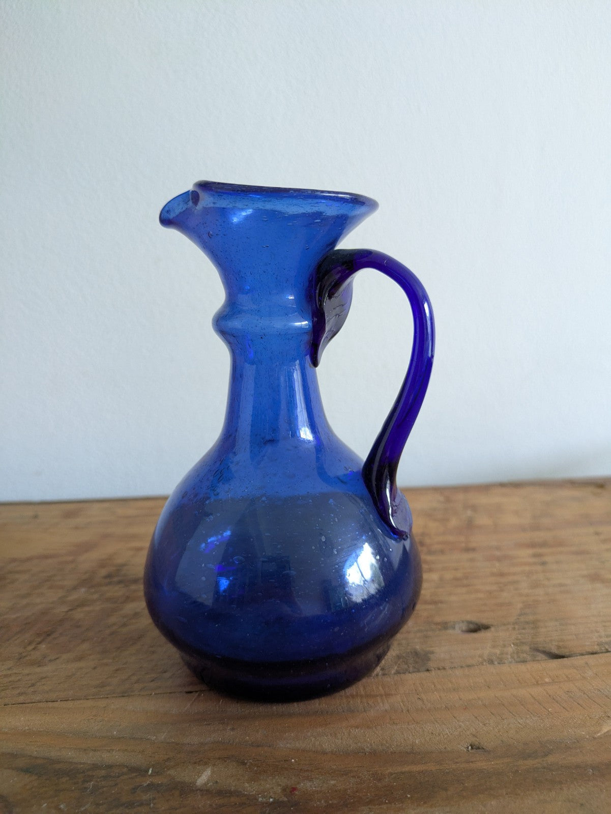 Vtg Cobalt Blue Blown Glass Pitcher Vase Cruet Applied Handle Bubble Retro Jug