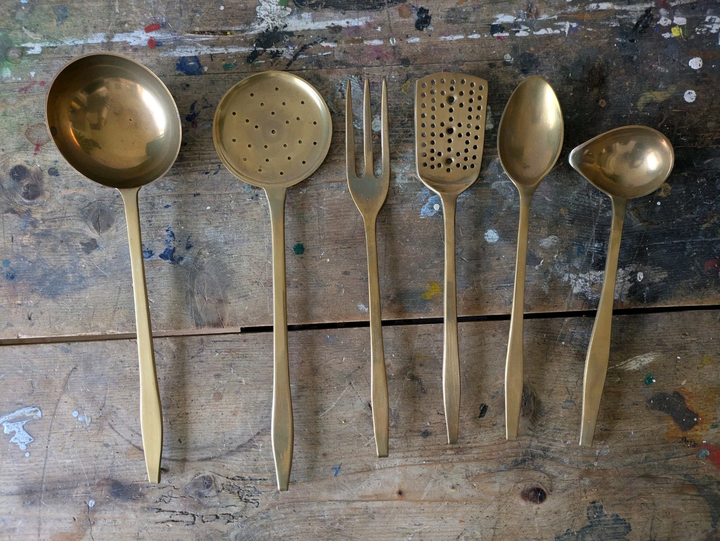 6x Vintage 1950s Heavy Solid Brass Kitchen Utensil Set Ladle Spoon Sieve Fork 
