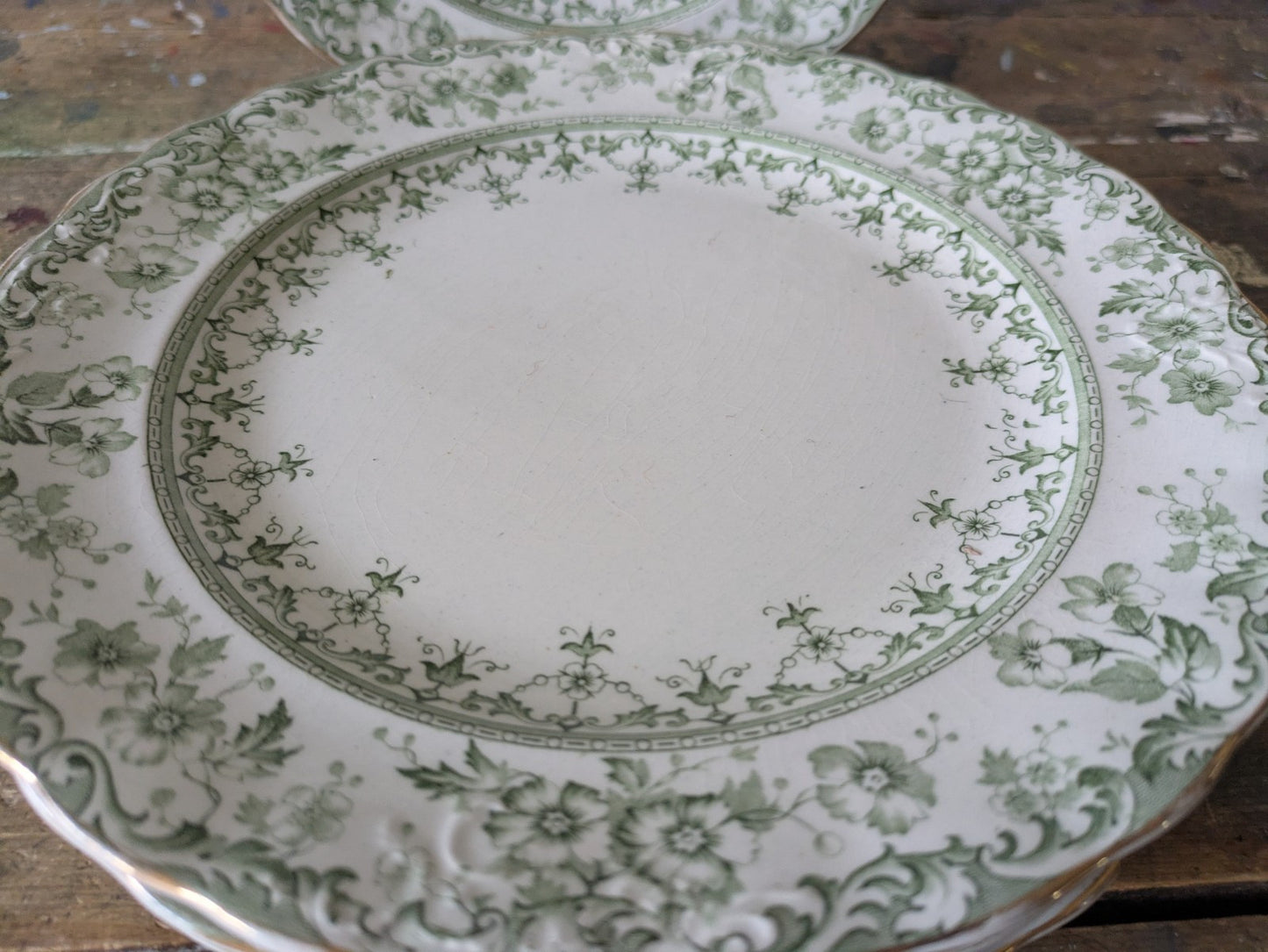 6 Rare Antique S.Hancock & Sons Warwick Dessert Plates Green Floral Serving Prop