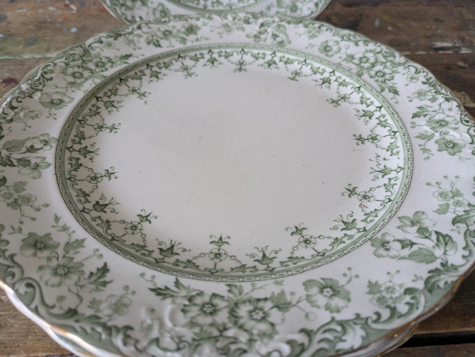 6 Rare Antique S.Hancock & Sons Warwick Dessert Plates Green Floral Serving Prop