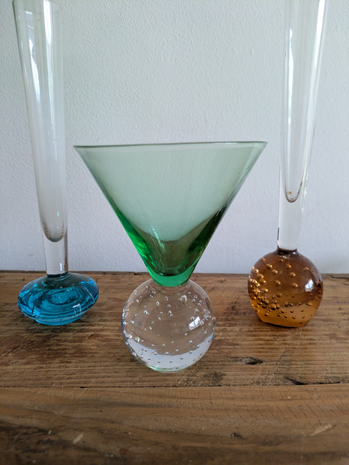 3x Bubble Base Bullicante Martini Glasses Green Orange Blue Retro VTG Bud Vase