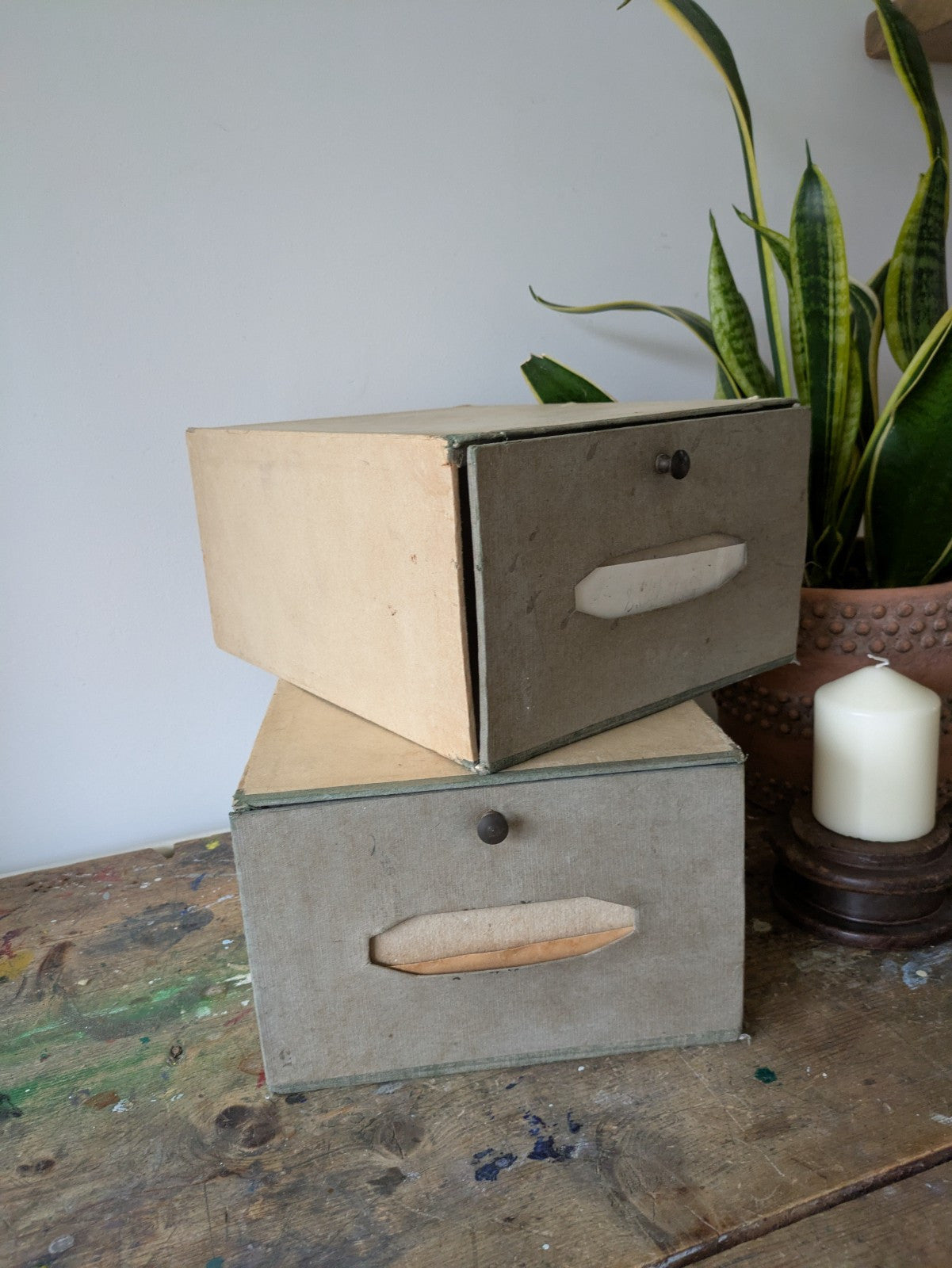 2 Vintage French File Cabinet Drawer Cardboard Storage Box Organizer Notary Mail