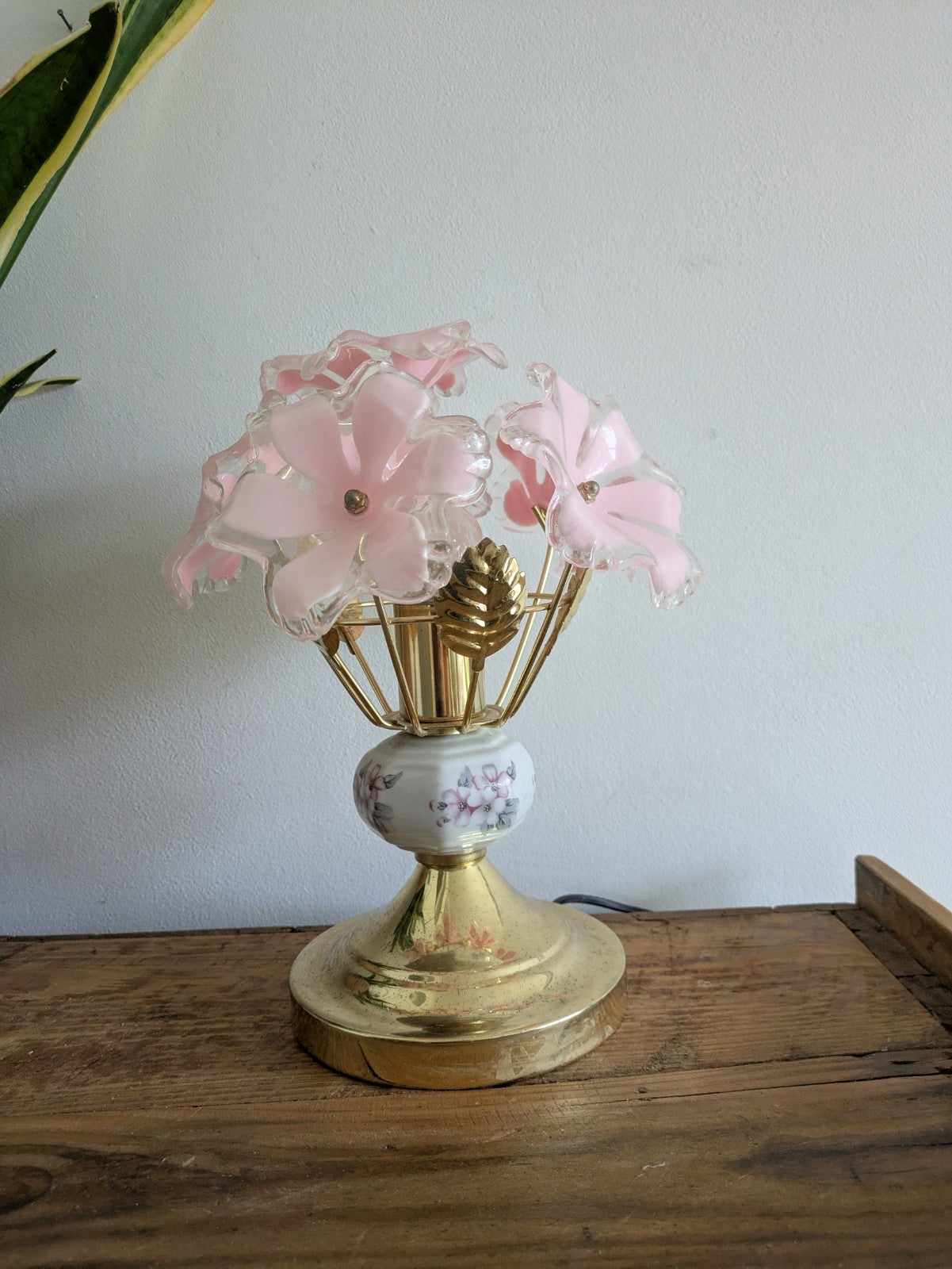 VTG Retro Sputnik Pink Six Flower Head Touch Me Light Bedside Lamp Brass Effect