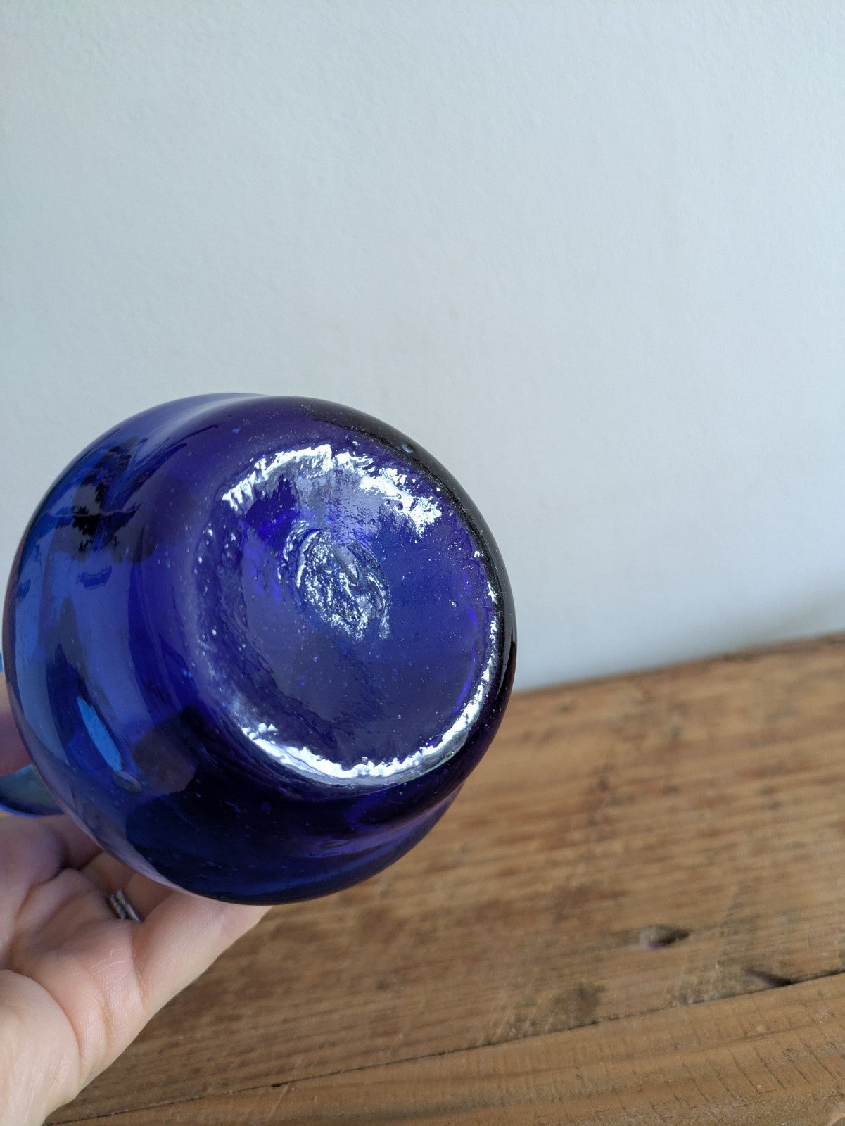 Vtg Cobalt Blue Blown Glass Pitcher Vase Cruet Applied Handle Bubble Retro Jug