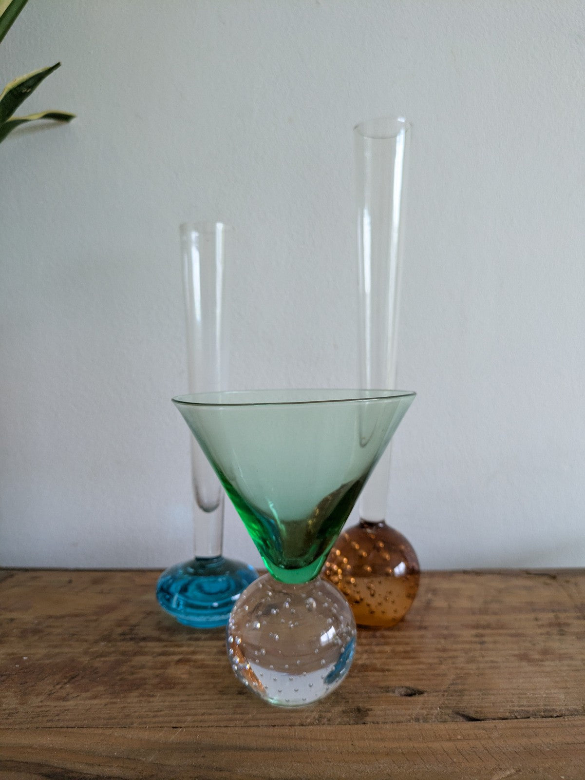 3x Bubble Base Bullicante Martini Glasses Green Orange Blue Retro VTG Bud Vase