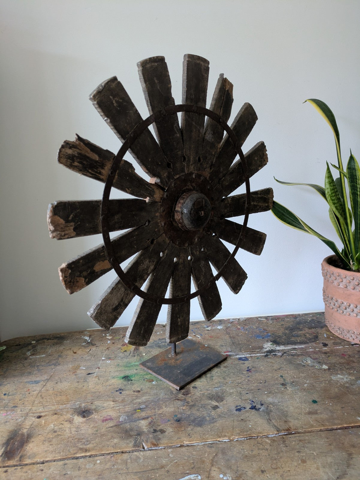 Vintage Rustic Antique Indian Silk Spinning Charkha Wheel Sculpture on Stand Vgc