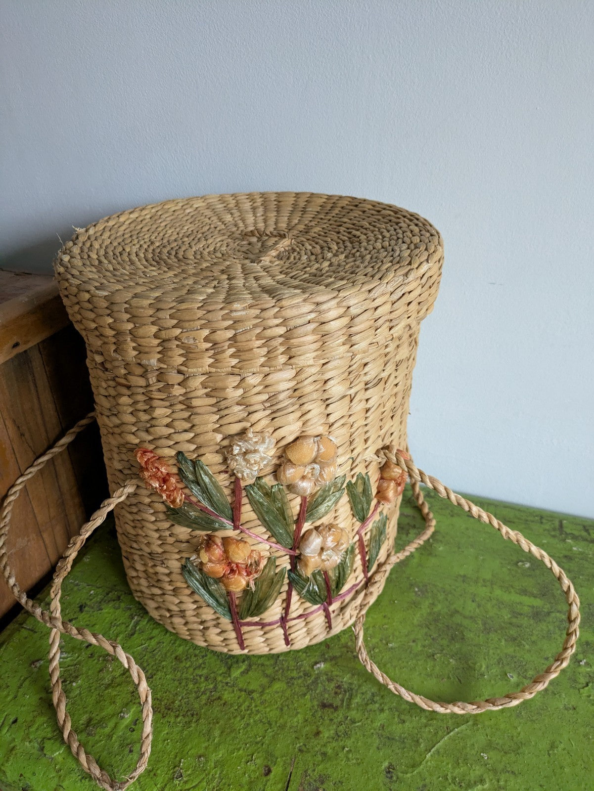 Handmade Woven Basket Bag Fruit Flowers Village Straw Raffia Vtg 50s Storage Old