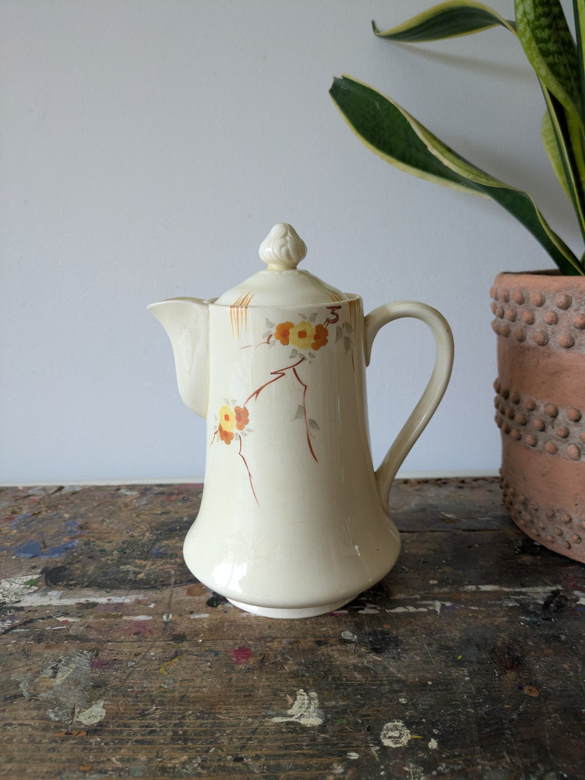 Vintage Grindley Cream Petal Coffee Pot Ceramic Art Deco 1 Litre 1930s Original 
